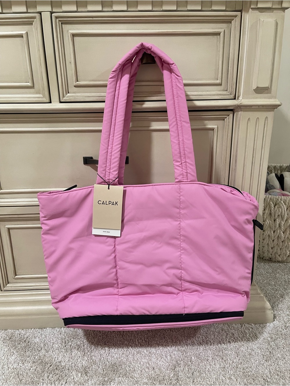 Calpak Pink Quilted Nylon Tote with Padded Straps